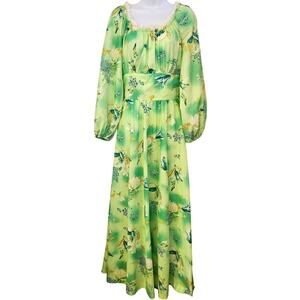 Vintage Floral Green Maxi Dress Size M Long Sleeve Milkmaid Prairie Cottagecore